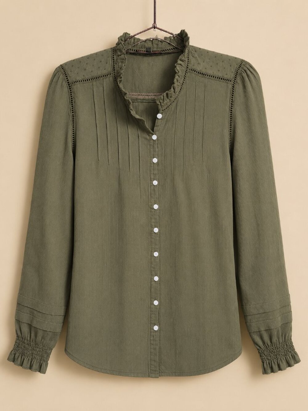 Quince Olive Green Ruffle Collar Button-Down Blouse